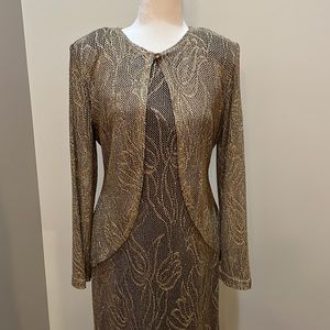 J. Ribkoff Couture.  Gold Metallic Evening Gown With Thin Waterfall Jacket.